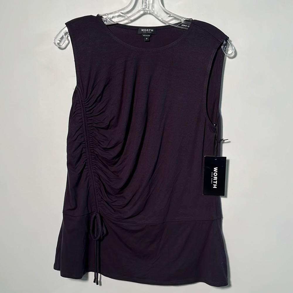 Worth NWT Contemporary Minimalist Side Ruched Sleeveless Navy Scoop Tank SZ M